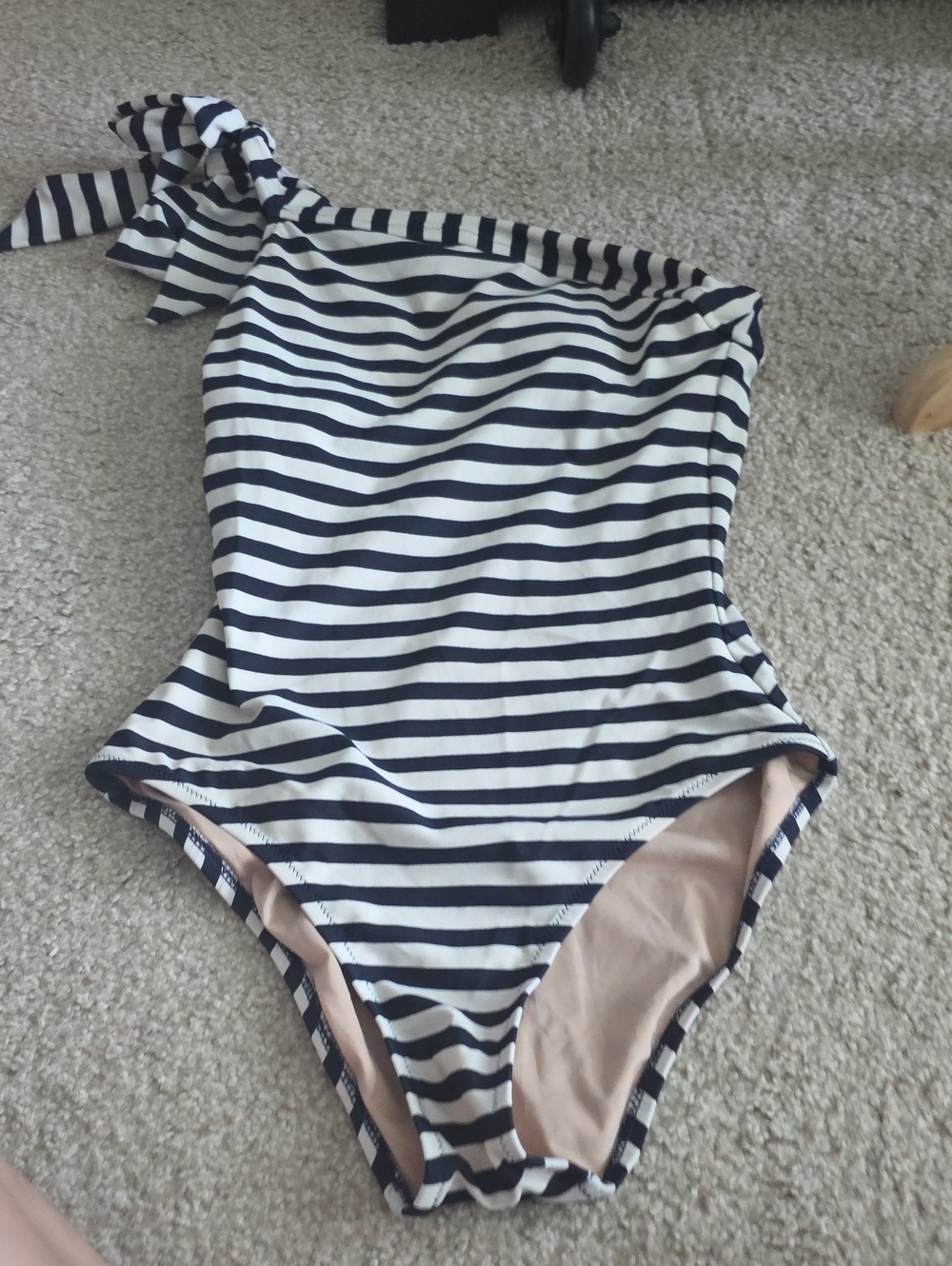 J. Crew Navy and White Striped One-Shoulder Swimsuit